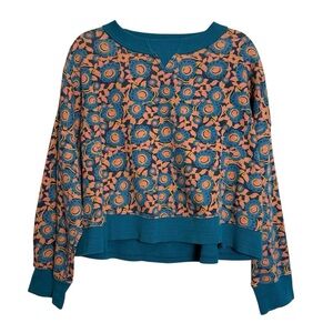 Natural Life Selah Printed Boxy Sweatshirt Teal Dahlias Boho Casual Loungewear M